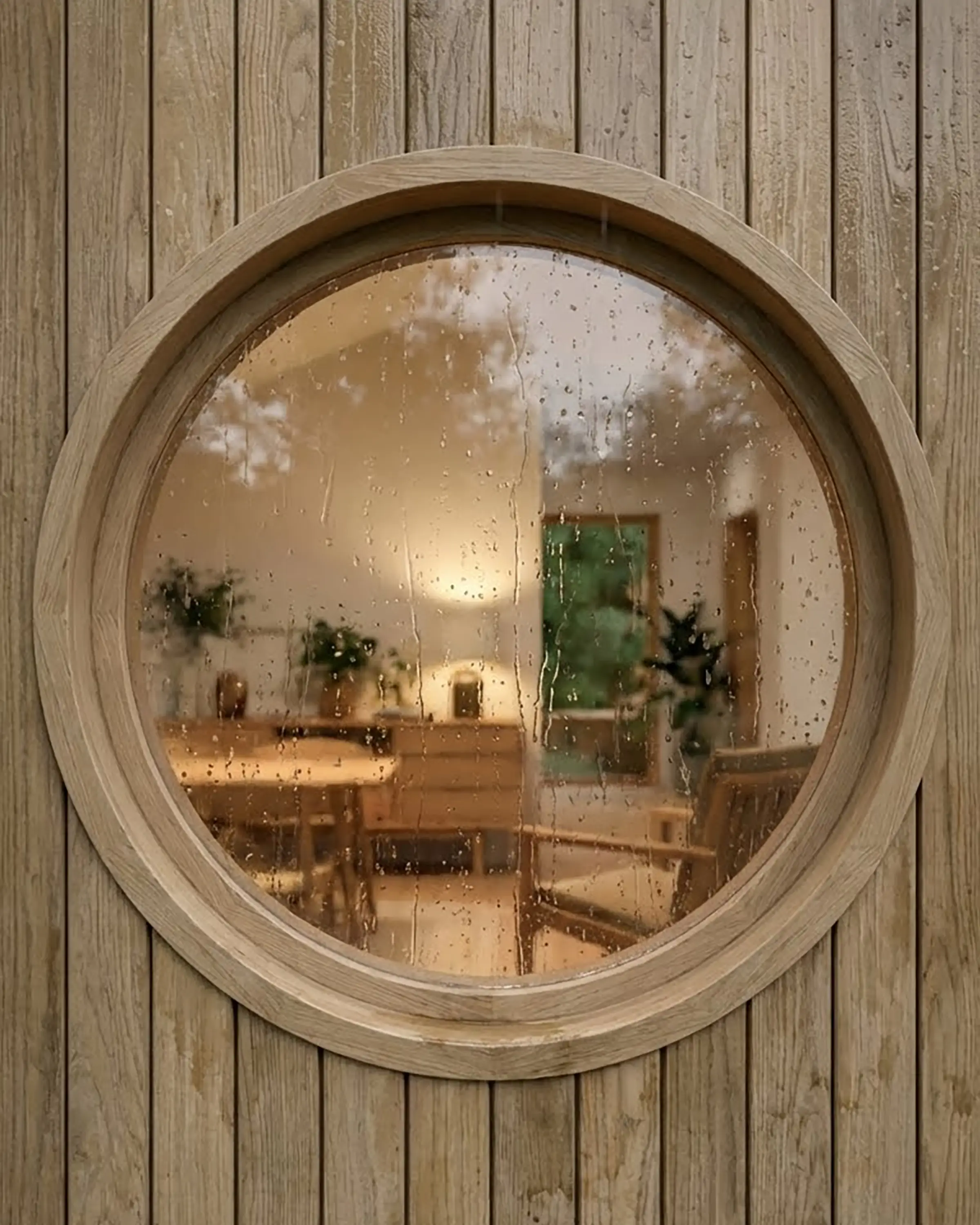 Rain running down a round timber-framed window of the Wing House, with the warmly lit dining room inside.